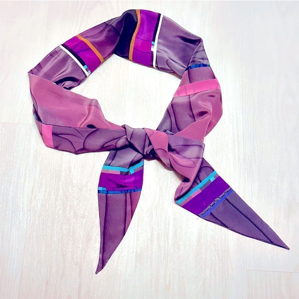 Hand painted silk scarf belt violets, blues, purple artist made signed DARA